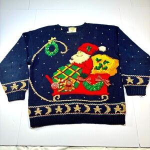 Vintage Christmas Sweater Santa Size Medium Marisa Christina 1993 Navy Blue